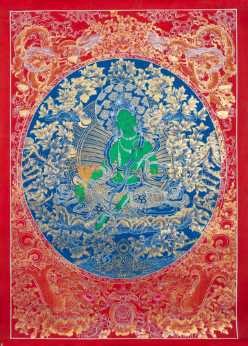 The Azure Mandala of Compassion: Green Tara in Celestial Bloom Thangka Painting - Thangka