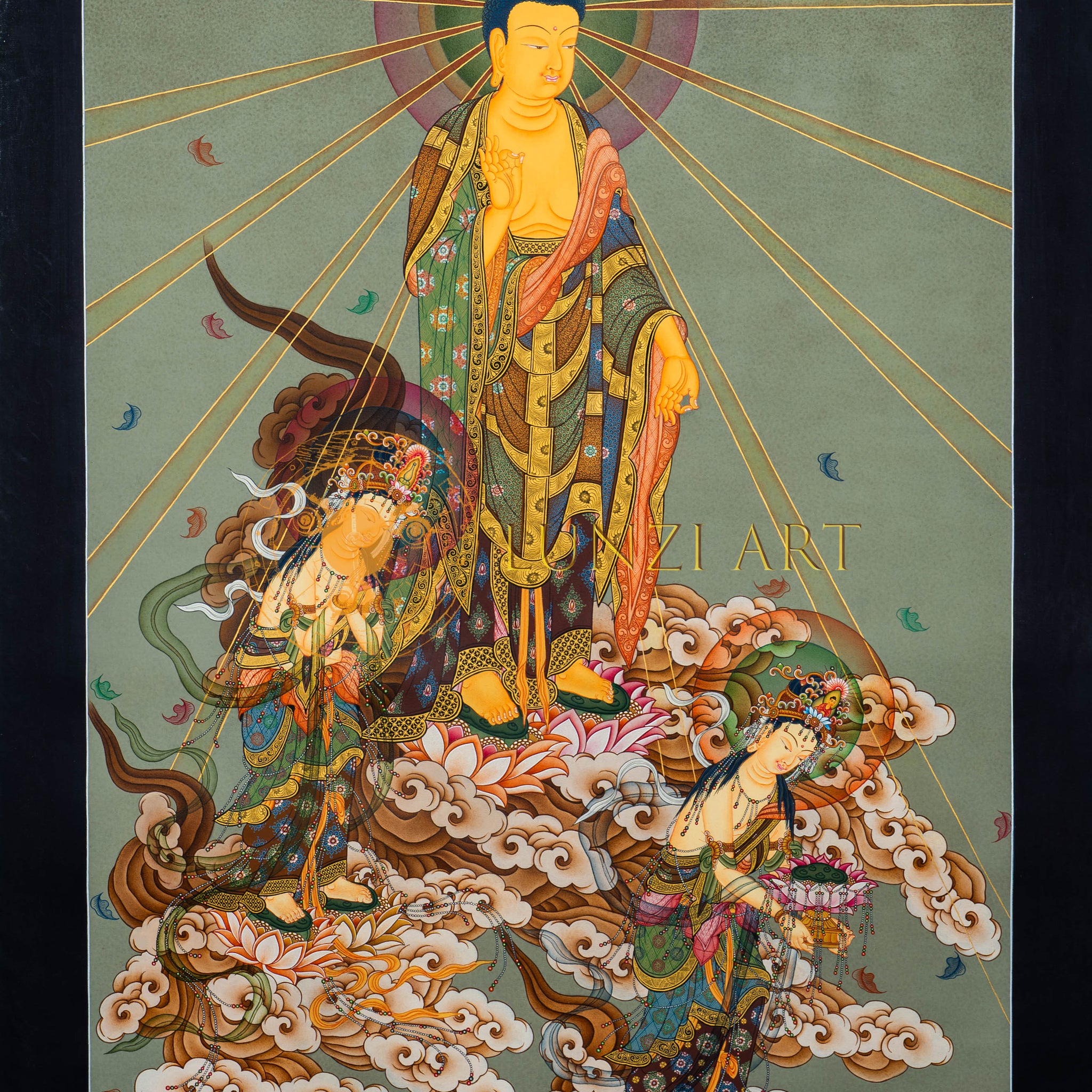The Descent of the Japanese Buddha: A Celestial Vision Thangka Painting - Thangka