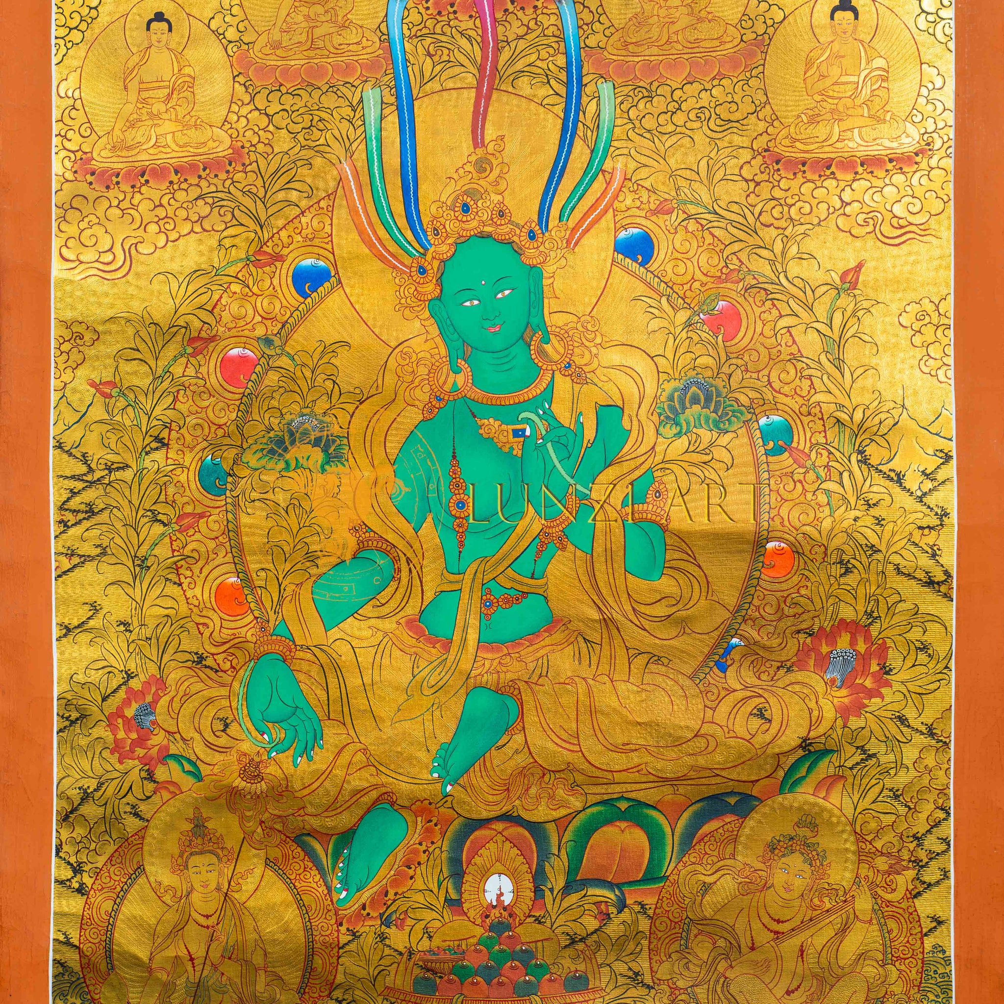The Emerald Saviour: Green Tara Thangka in Gold - Thangka