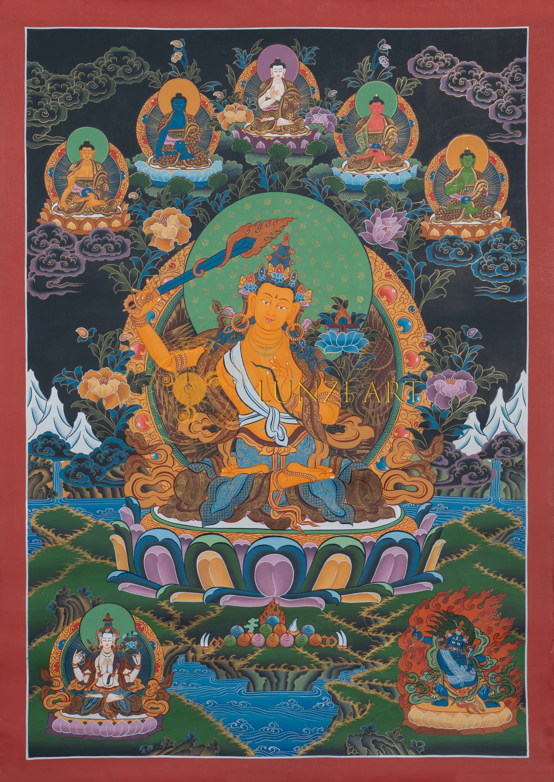 The Golden Lord of Wisdom: Manjushri Thangka Painting - T-S-BT-RB-AU-M-0025