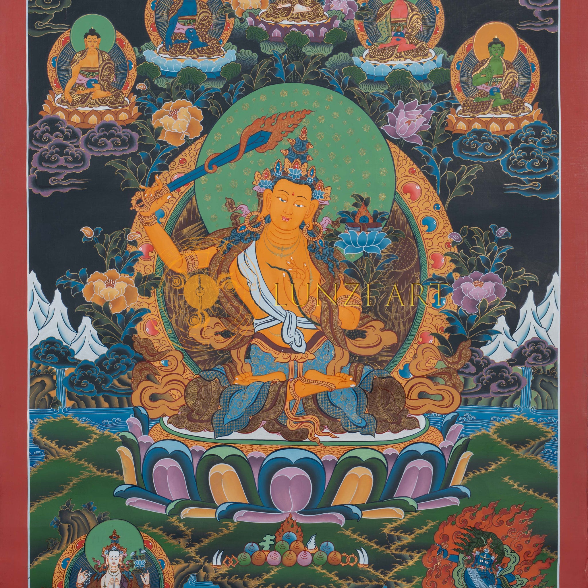 The Golden Lord of Wisdom: Manjushri Thangka Painting - Thangka