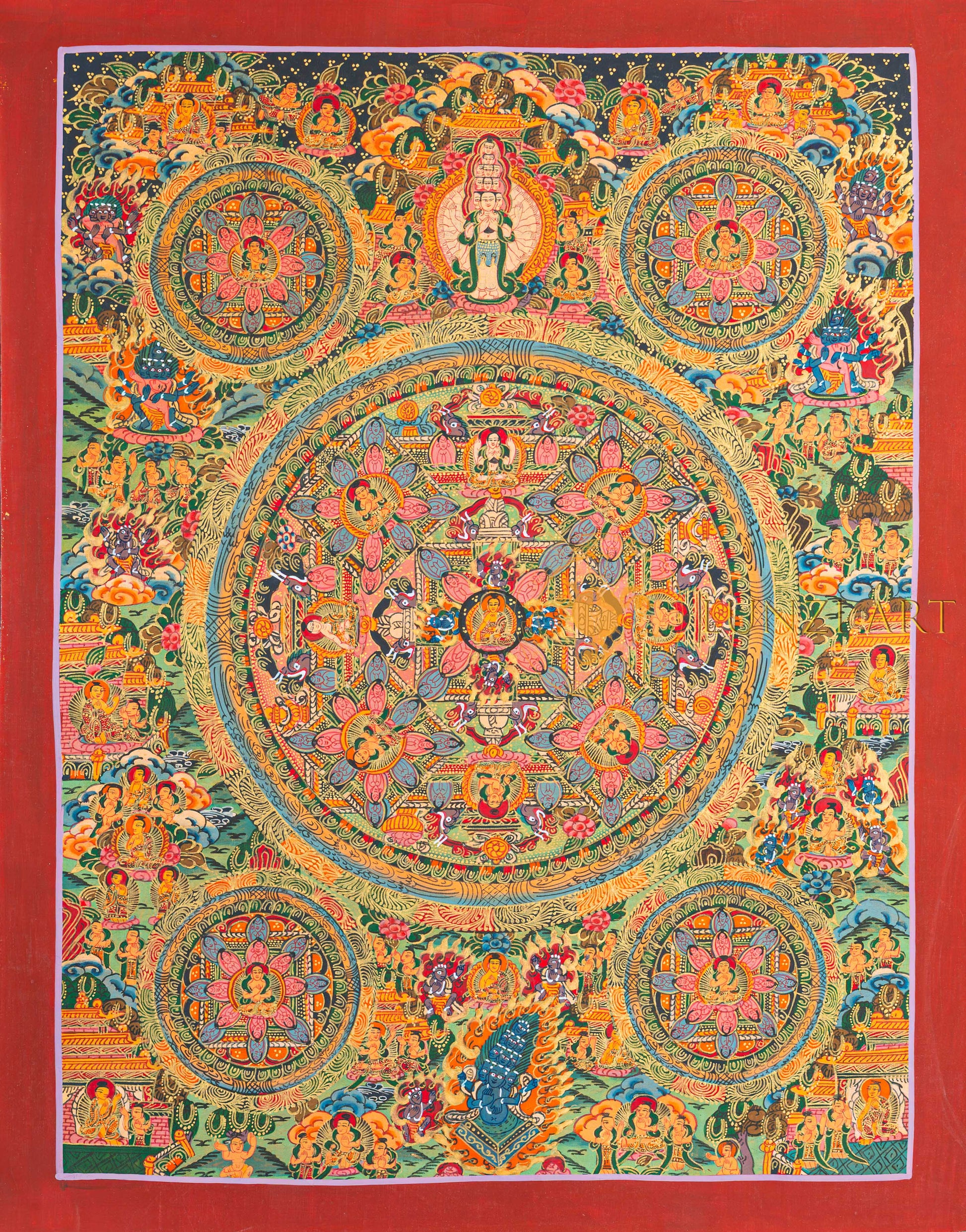 Traditional Assembly Mandala Thangka | Hand-Painted Sacred Art - T-N-ET-BB-OMM-0054