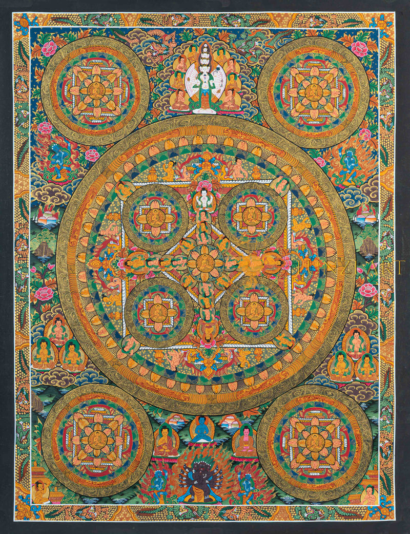 Traditional Assembly Mandala Thangka | Hand-Painted Sacred Art - T-N-ET-BB-OMM-0065