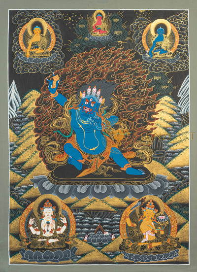 Vajrapani Thangka | Hand-Painted Blue Protector Deity Art - T-N-MB-GB-V-0024