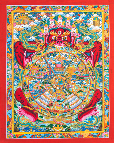 Wheel of Life Thangka | Hand-Painted Bhavachakra Samsara Art - T-N-ET-RB-WOL-0052