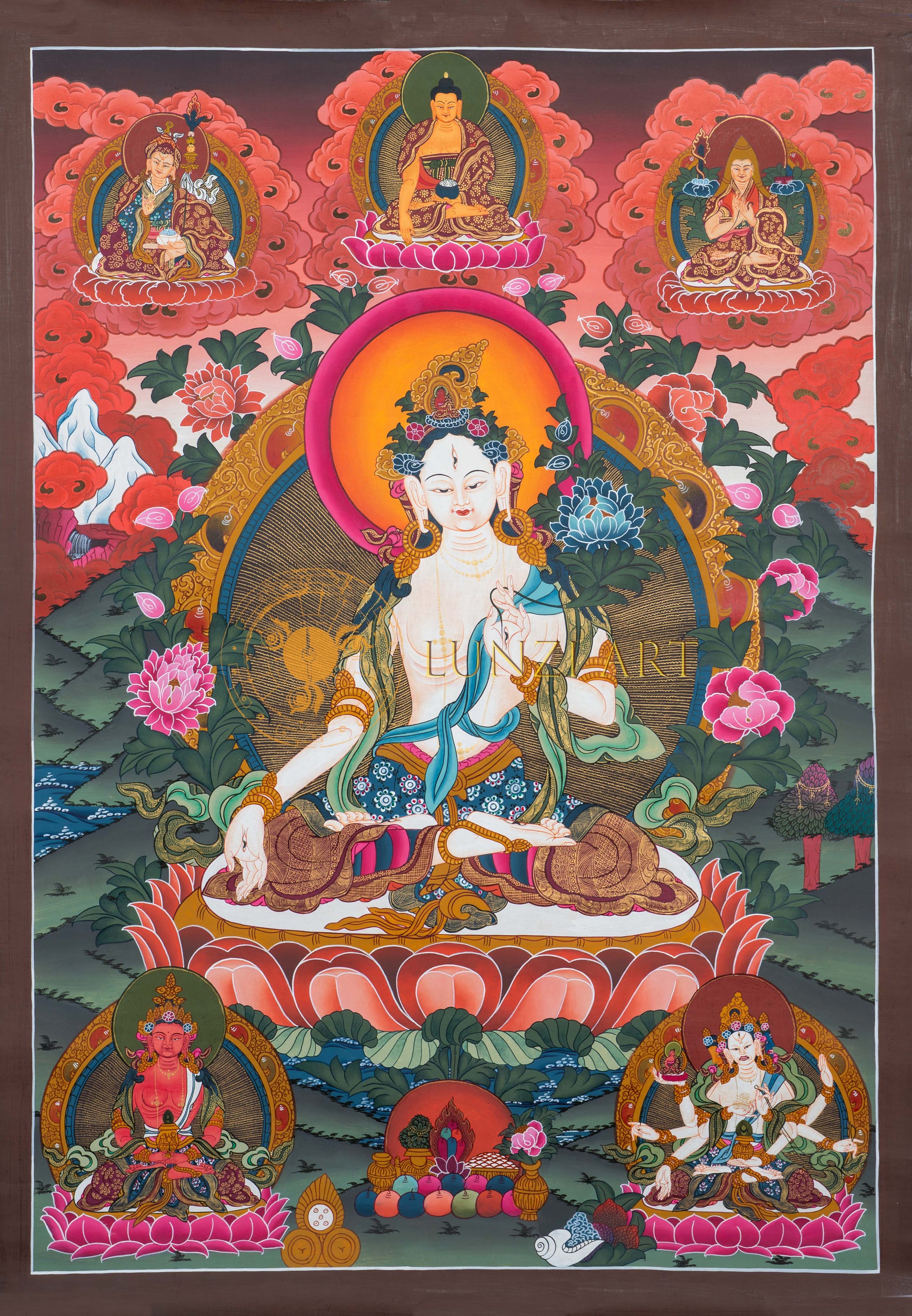 White Tara Thangka: Hand-Painted 24K Gold Buddhist Art - T-S-BT-BB-AU-WT-0024