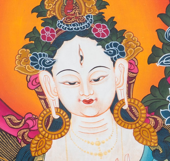 White Tara Thangka: Hand-Painted 24K Gold Buddhist Art - T-S-BT-BB-AU-WT-0024