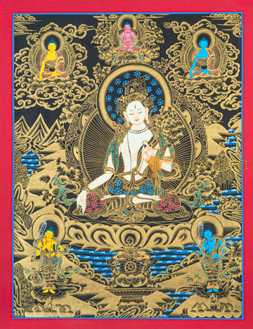 White Tara Thangka | Hand-Painted Art for Healing and Longetivity - T-N-ET-RB-WT-0048