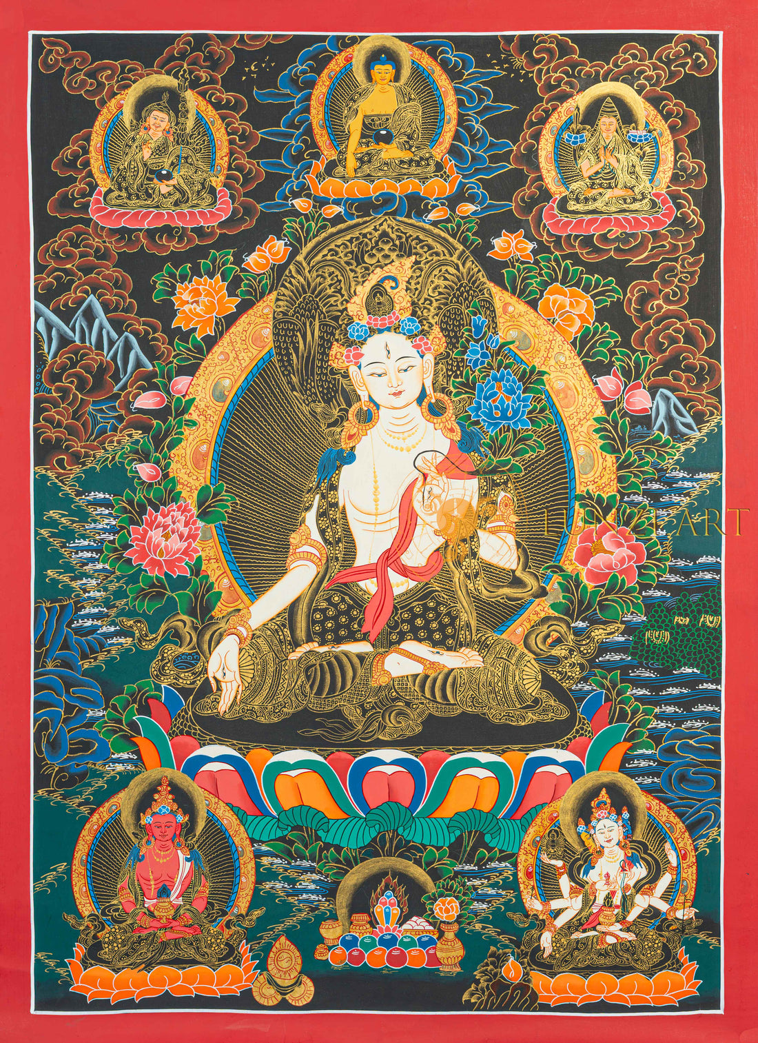 White Tara Thangka: The Golden Radiance of Longevity - T-N-MB-RB-WT-0017