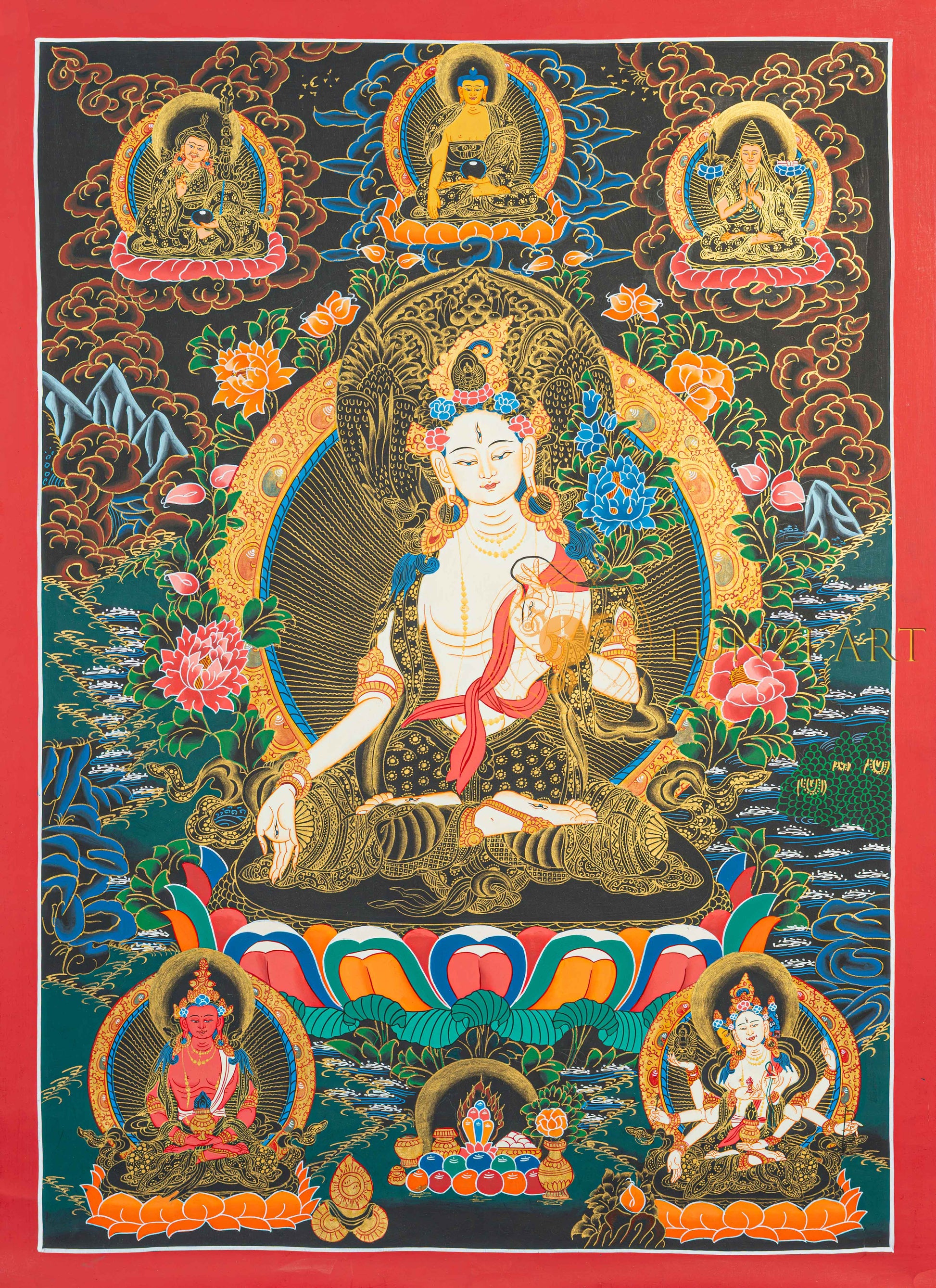 White Tara Thangka: The Golden Radiance of Longevity - T-N-MB-RB-WT-0017