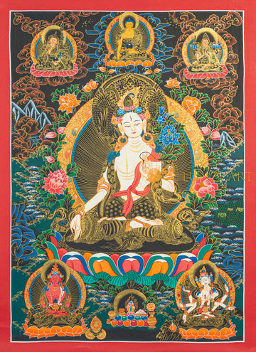 White Tara Thangka: The Golden Radiance of Longevity - T-N-MB-RB-WT-0017