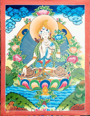 White Tara hand-painted thangka "Radiant Guardian of Healing and Longevity" - T-PS-SS-RB-WT-0006