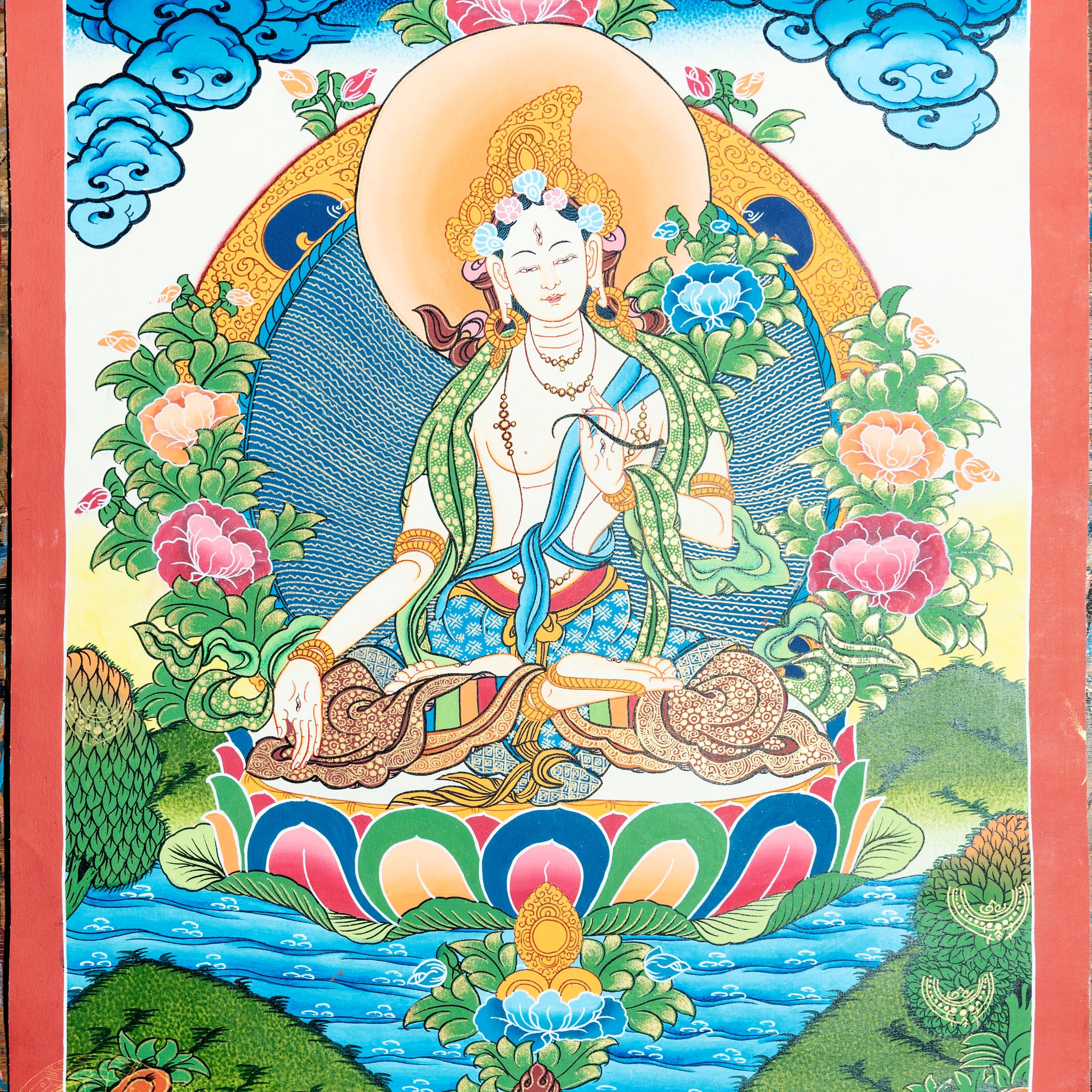White Tara hand-painted thangka "Radiant Guardian of Healing and Longevity" - Thangka
