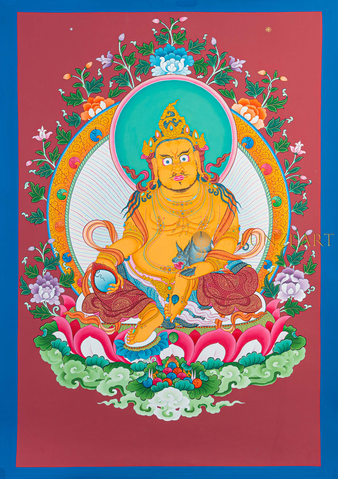 Yellow Jambhala Thangka | Hand-Painted Golden Wealth Deity Art - T-N-ET-BB-AU-YJ-0068