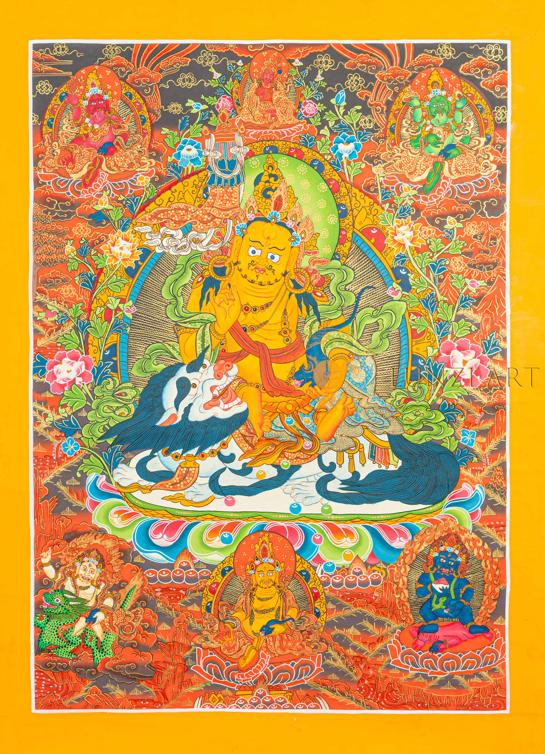 Yellow Jambhala on Snow Lion Thangka | Hand-Painted Wealth Deity Art - T-N-MB-OB-JL-0030