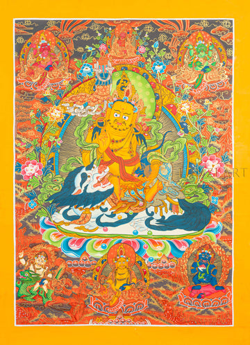 Yellow Jambhala on Snow Lion Thangka | Hand-Painted Wealth Deity Art - T-N-MB-OB-JL-0030