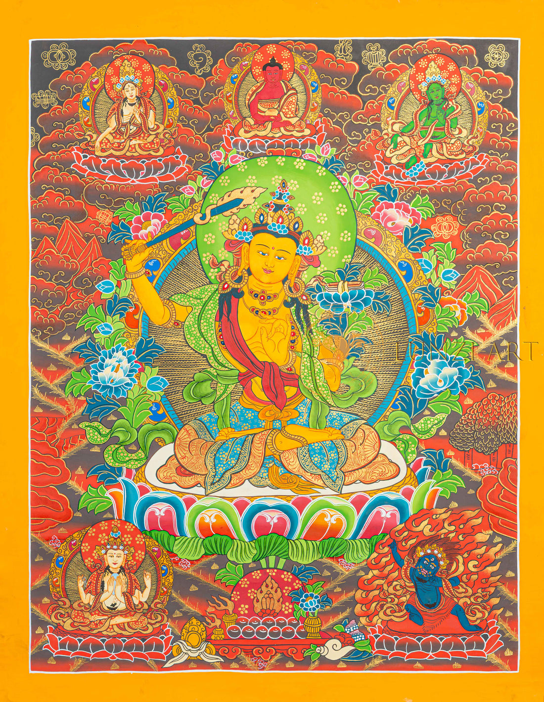 Yellow Manjushri Thangka | Hand-Painted Wisdom Bodhisattva Art - T-N-MB-OB-M-0027