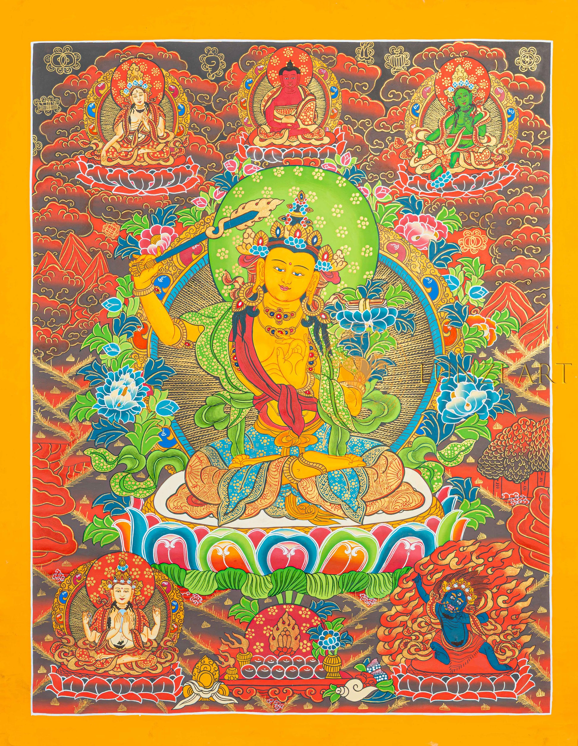Yellow Manjushri Thangka | Hand-Painted Wisdom Bodhisattva Art - T-N-MB-OB-M-0027