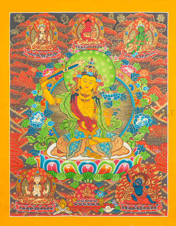 Yellow Manjushri Thangka | Hand-Painted Wisdom Bodhisattva Art - T-N-MB-OB-M-0027