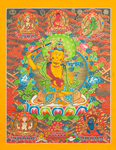 Yellow Manjushri Thangka | Hand-Painted Wisdom Bodhisattva Art - T-N-MB-OB-M-0027