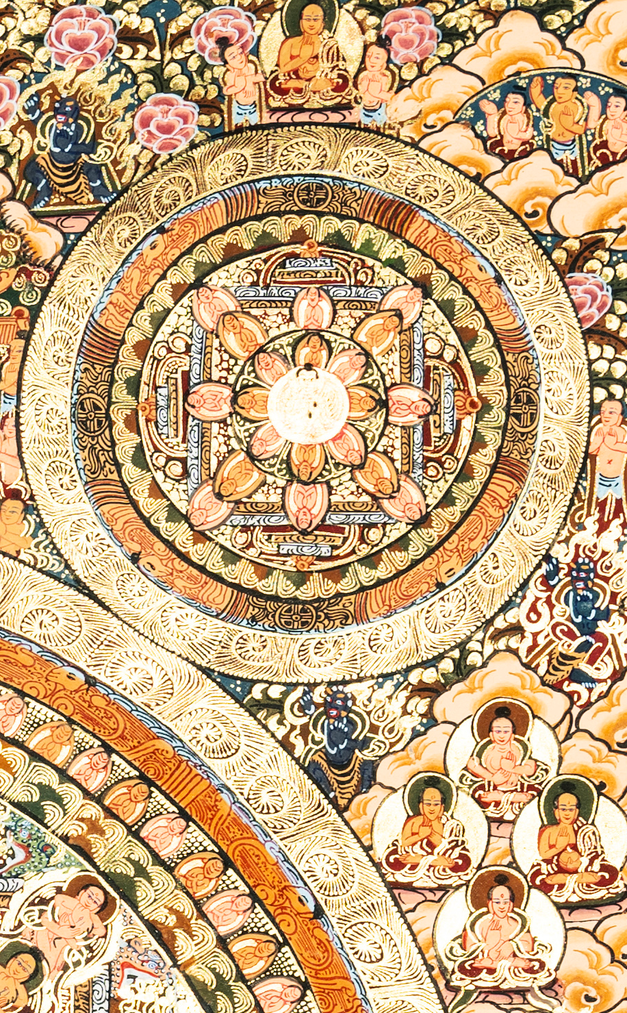 Handmade Traditional Mandala Thangka of Infinite Buddhas: The Sacred Wheel of Awakening - T-PS-SS-BB-TM-0014