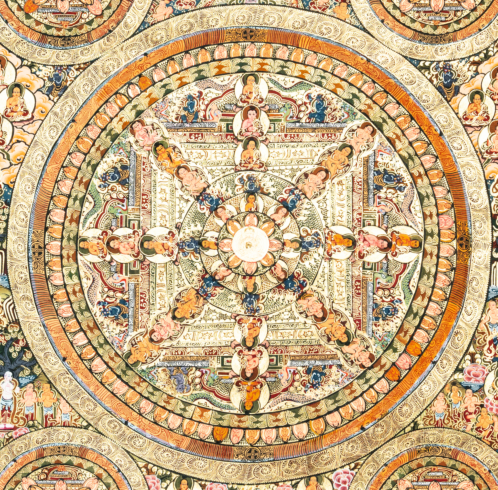 Handmade Traditional Mandala Thangka of Infinite Buddhas: The Sacred Wheel of Awakening - T-PS-SS-BB-TM-0014