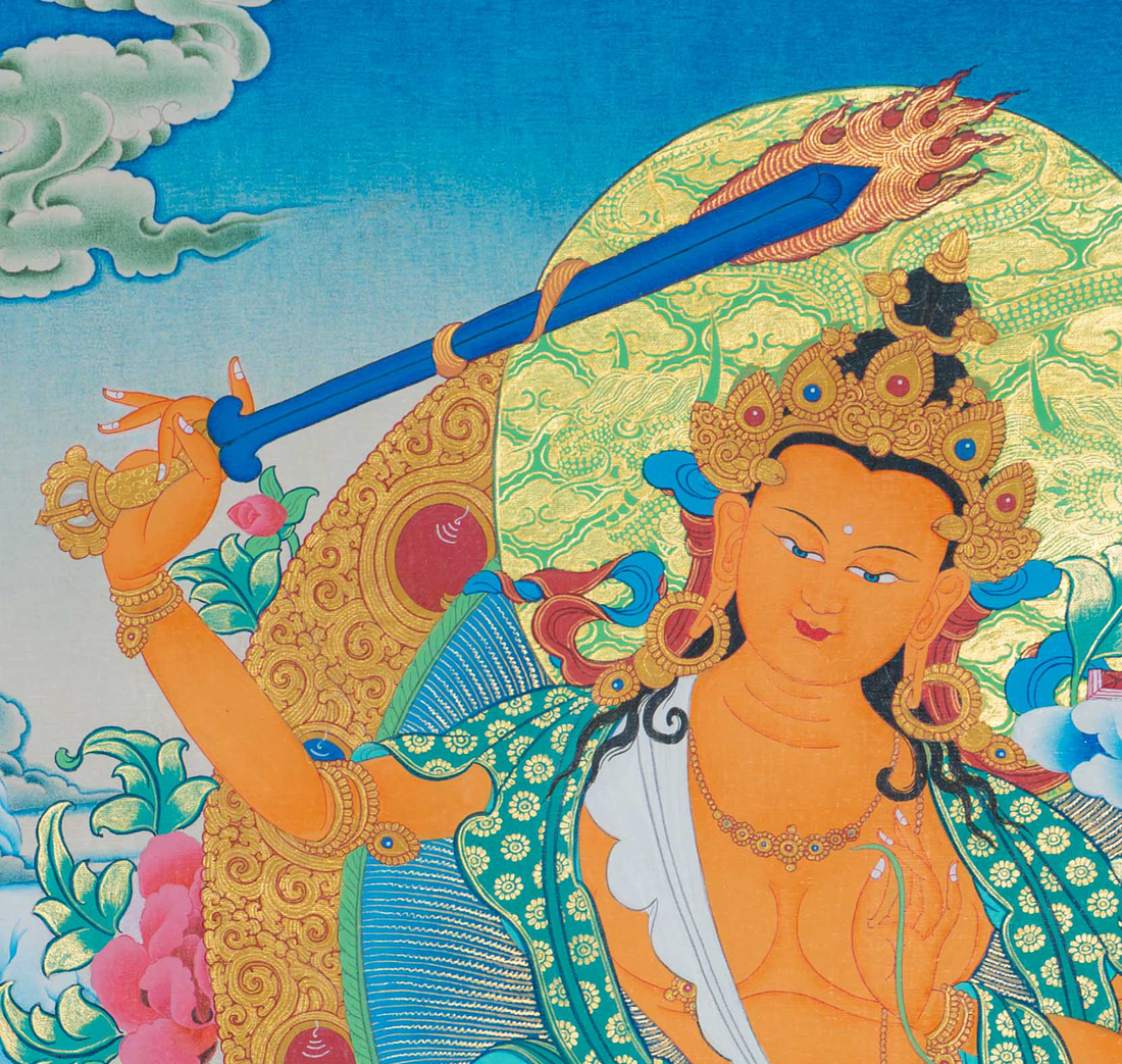 Majestic Manjushri Thangka: Embody Wisdom and Enlightenment with Authentic Art - T-S-BT-RB-AU-M-0114